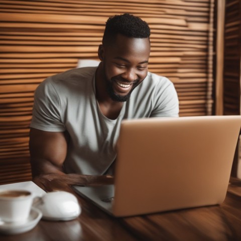 A photo of a happy customer using website
